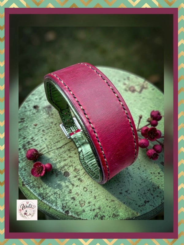 Sofortkauf-Halsband Leder Salbei/Bordeaux Handgenäht 39-45cm/45mm breit