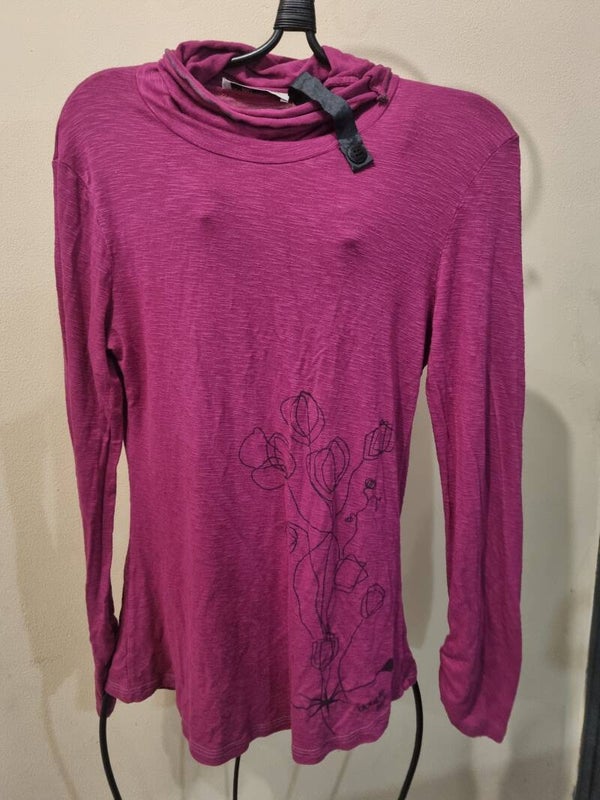 Blouse fine fushia col roulé, double jeu, taille 1