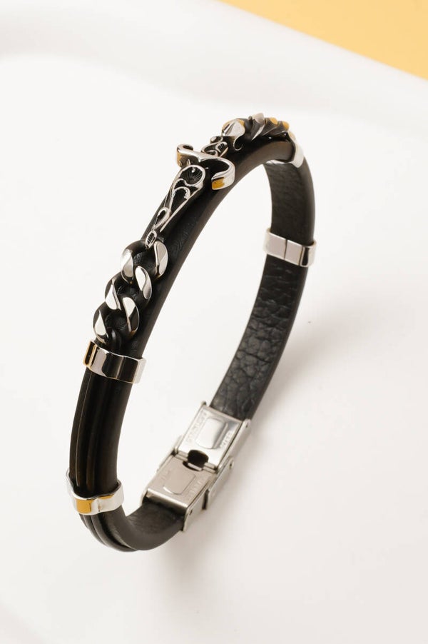Bracelet Homme PU Noir et croix acier argenté