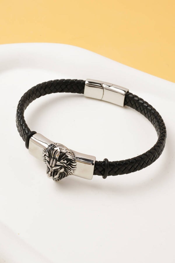 Bracelet Homme P.U Noir et Tête de Lion argenté