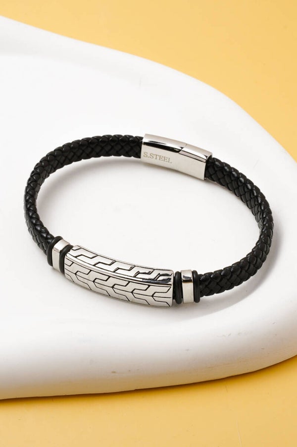 Bracelet Homme Cuir tressé Acier inoxydable gravé