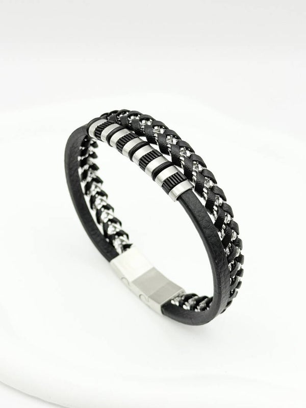 Bracelet homme en cuir tressé et acier inoxydable