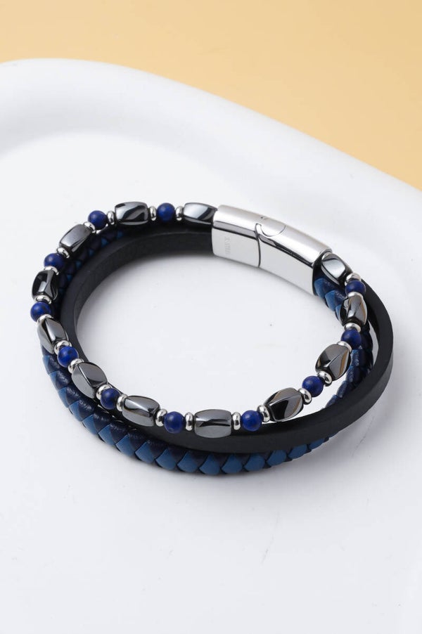 Bracelet homme multicouche  PU et perles décoratives  acier inoxydable