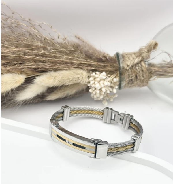 Bracelet Câbles torsadés bicolores avec une plaque moderne en acier