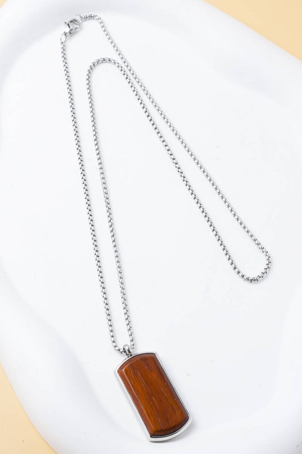 Collier homme pendentif plaque effet bois en acier inoxydable