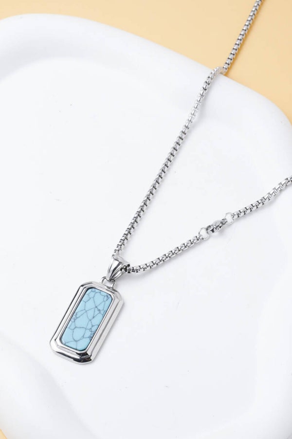 Collier homme pendentif plaque turquoise en acier inoxydable chaîne 55cm