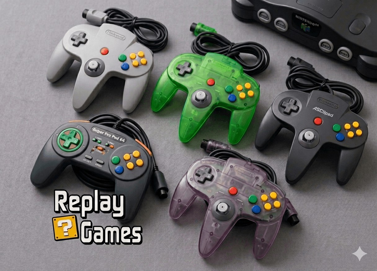 Diverse kleuren Nintendo 64 controllers bij Replay Games.