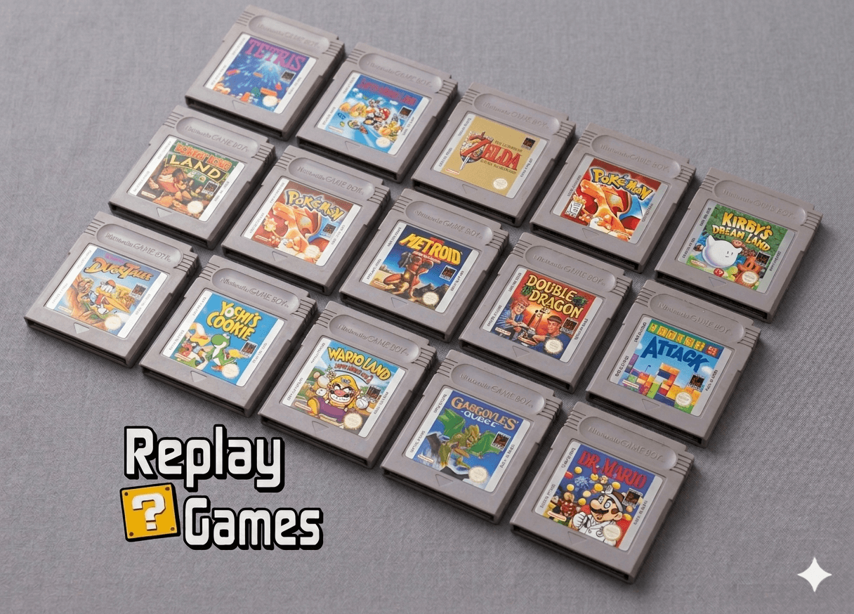 Verschillende originele Game Boy Classic spellen en cartridges.