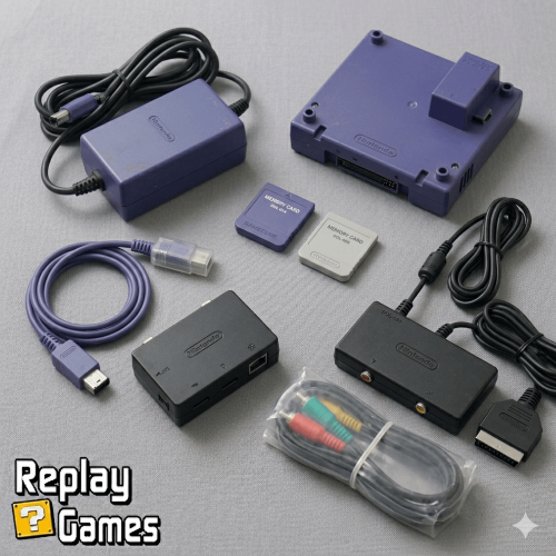 Diverse originele Nintendo GameCube accessoires zoals geheugenkaarten en kabels bij Replay Games