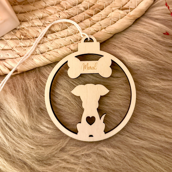 Gepersonaliseerde houten kerstbal - hond - 'Marcel'