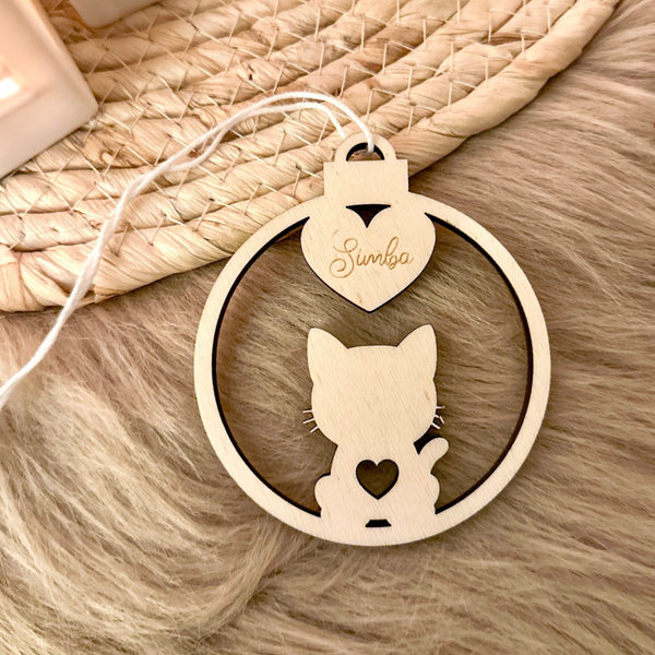 Gepersonaliseerde houten kerstbal - kat - 'Simba'