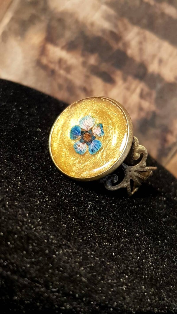 Ring Verstelbaar Antiek Look Blue Flower Gold