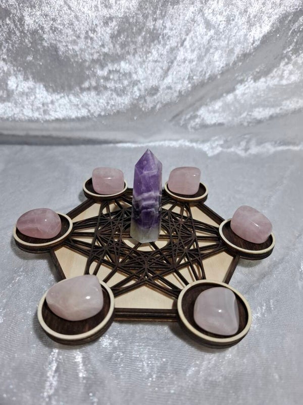 Support petit modèle  Métatron quartz rose et améthyste bois clair