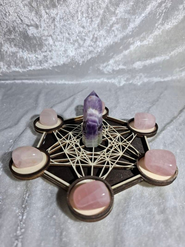 support petit modèle Métatron quartz rose et améthyste bois foncé