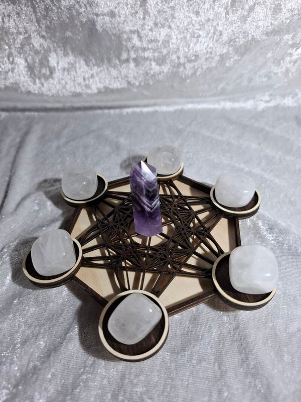 Support petit modèle Métatron cristal de roche et améthyste bois clair