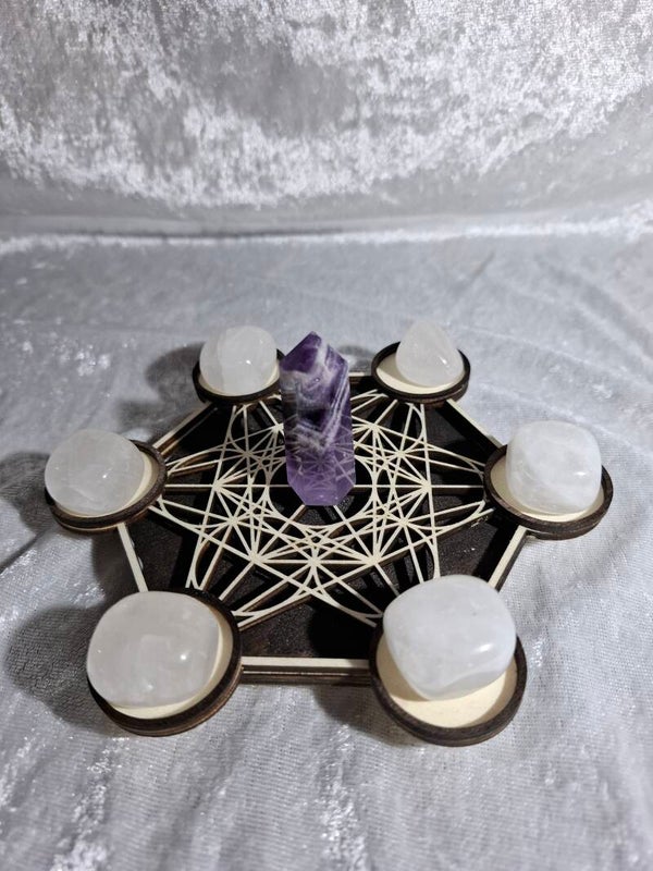 Support petit modèle Métatron cristal de roche et améthyste bois foncé