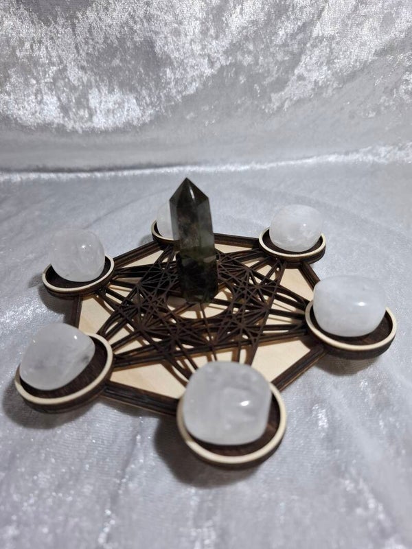 Support petit modèle  Métatron cristal de roche et labradorite bois clair