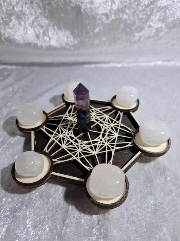 Support petit modèle  Métatron cristal de roche et fluorite bois foncé
