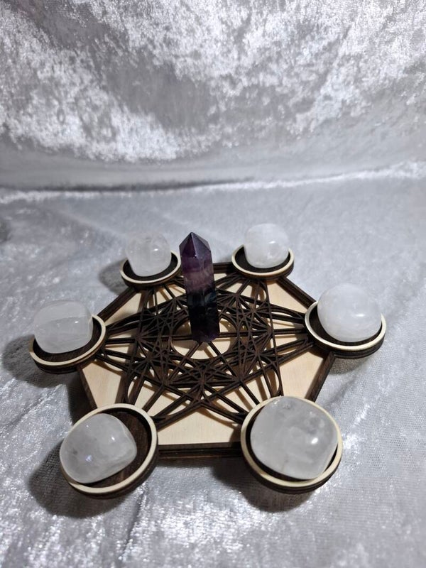 Support petit modèle Métatron cristal de roche et fluorite bois clair