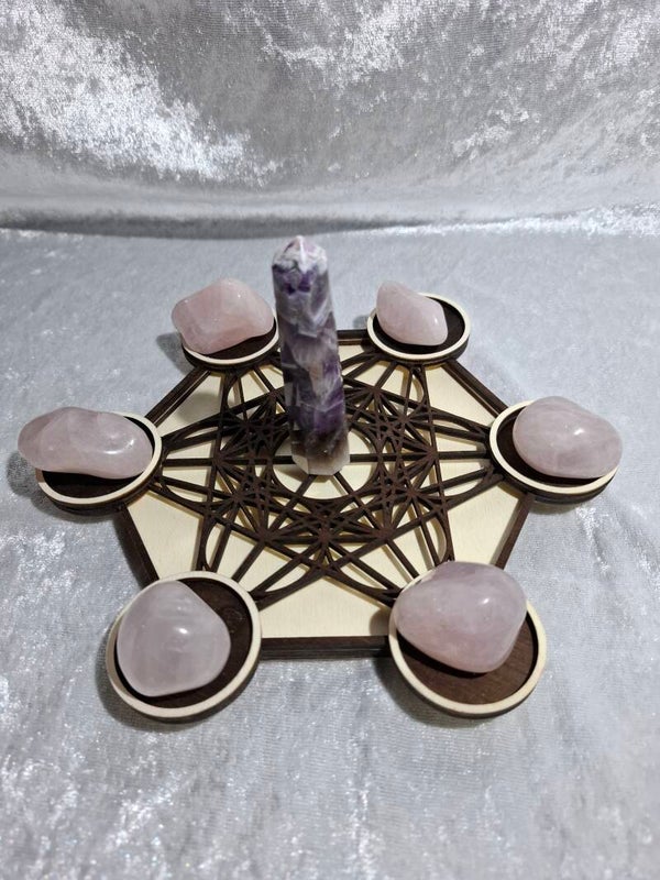 Support grand modèle  Métatron Quartz rose et Améthyste bois clair