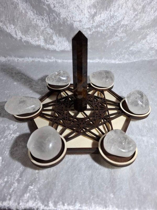 Support grand modèle Métatron cristal de roche et Oeil de tigre bois clair