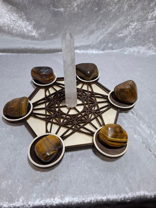 Support grand modèle Métatron oeil de tigre et cristal de roche bois clair