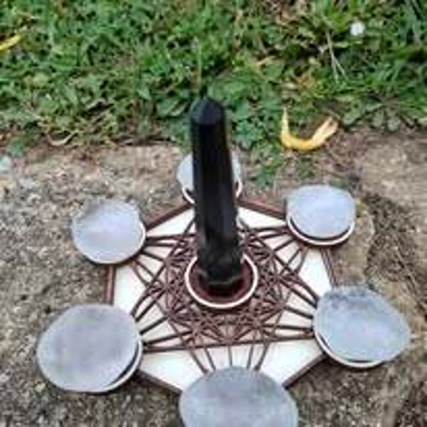 Support  grand modèle Métatron cristal de roche et obsidienne bois clair