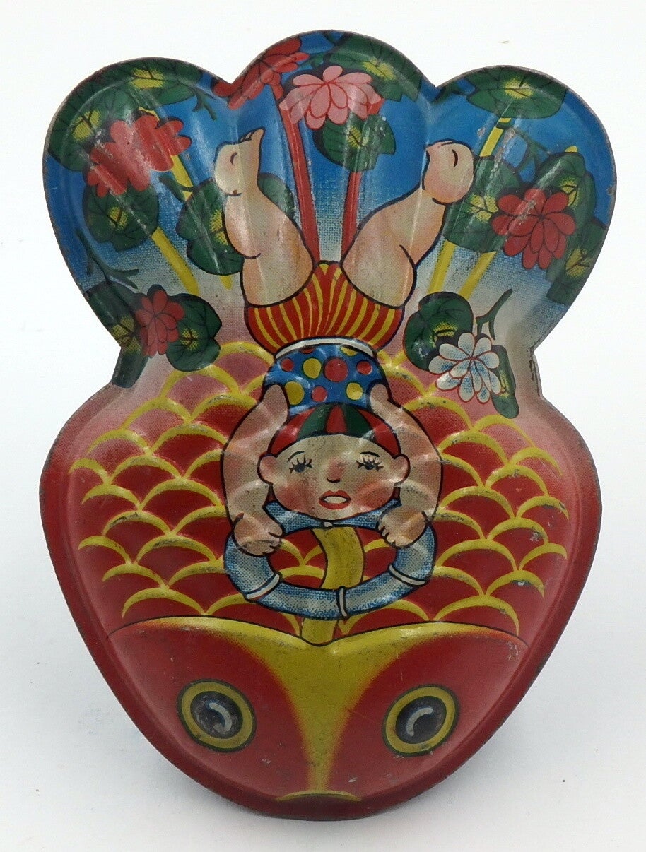 1950's Vintage Large Japanese Tin Fish Rattle-Swimmer in Float on Back- #19A