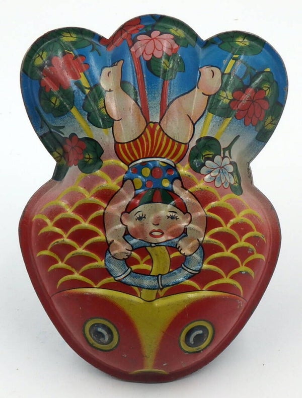 1950's Vintage Large Japanese Tin Fish Rattle-Swimmer in Float on Back- #19A
