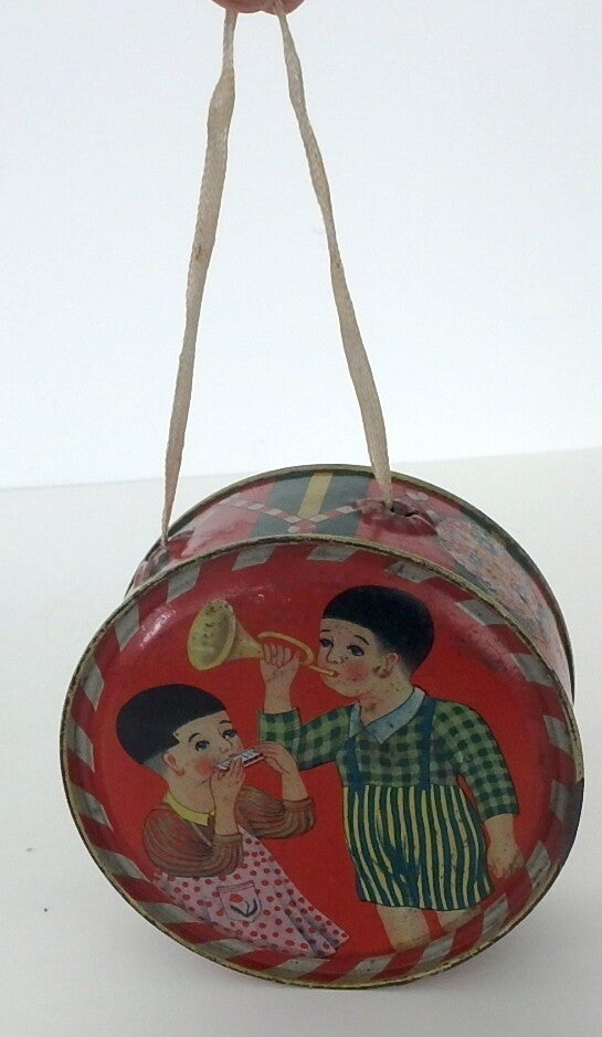 Pre War Japanese Tin Drum-Two Children Playing Horn and Harmonica