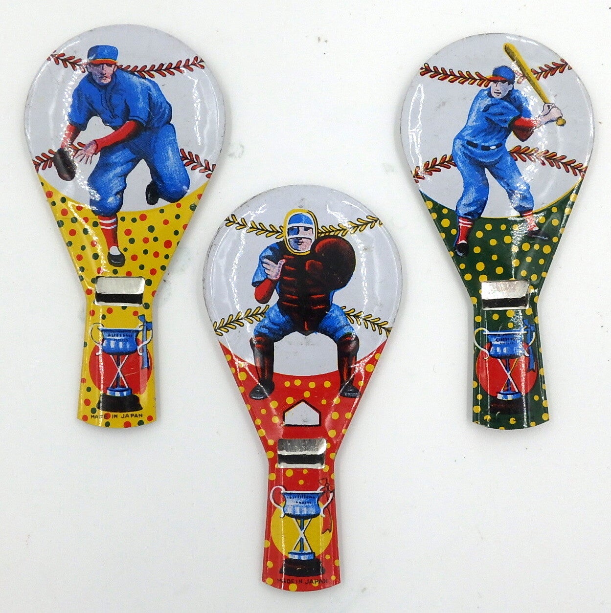 Set of Three Vintage Tin Japanese Baseball Whistles