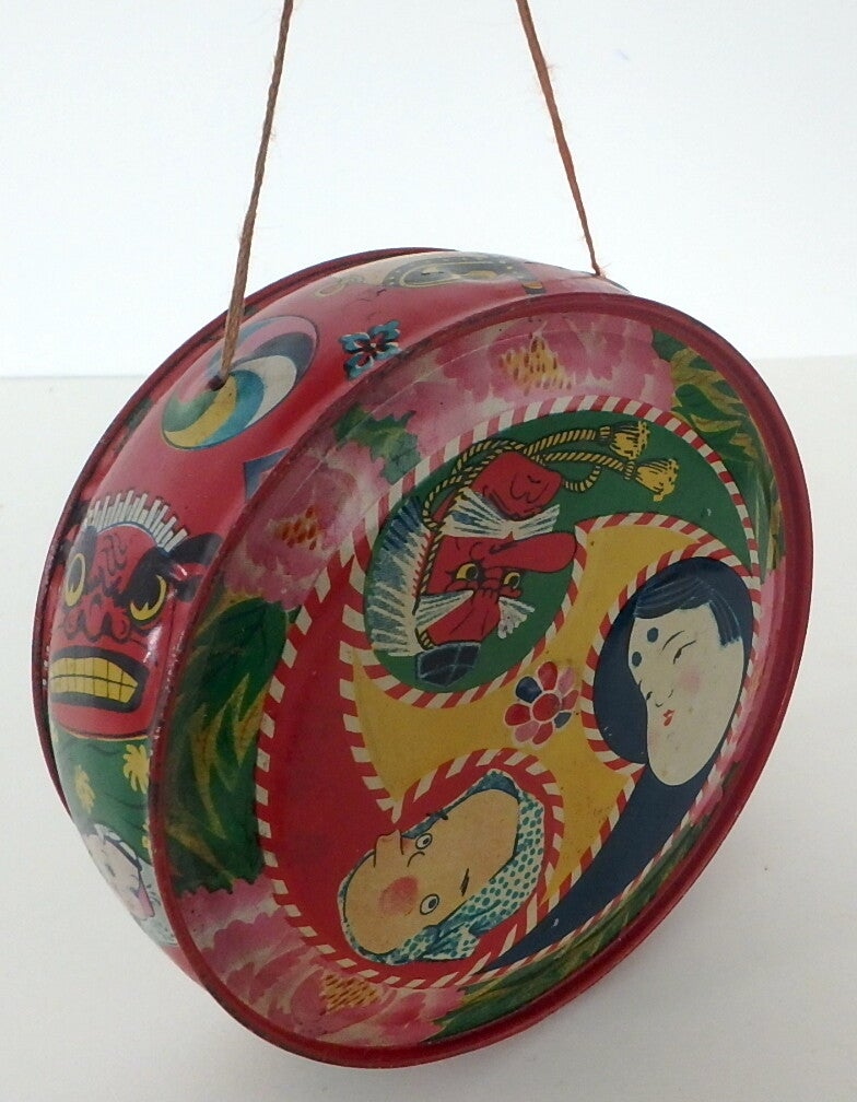 Early Japanese Tin Drum- Three Japanese Characters-Red Tengu