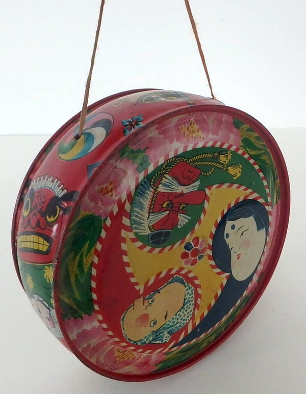Early Japanese Tin Drum- Three Japanese Characters-Red Tengu