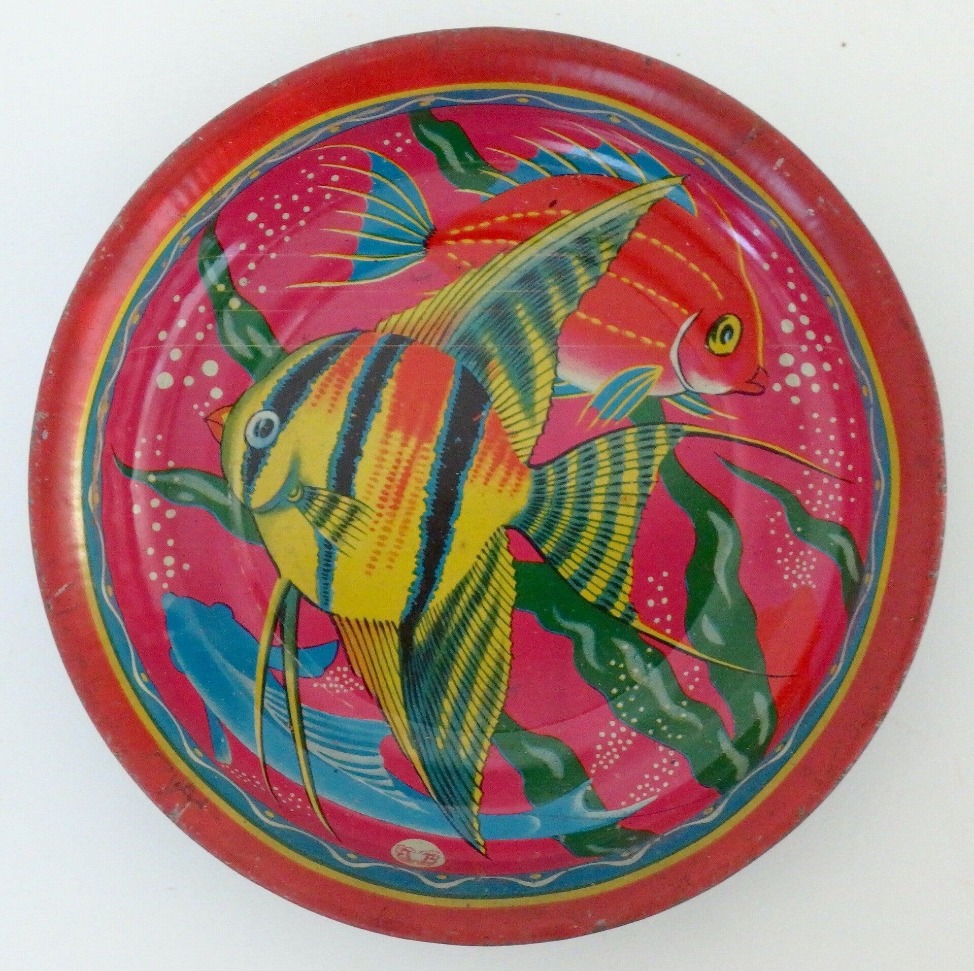 Vintage Japanese Tin Bowl with Angelfish and Two Other Fish - Fabulous Colors