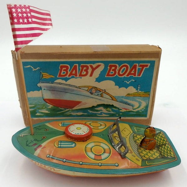 1950's Japanese Tin Baby Queen Boat in Box