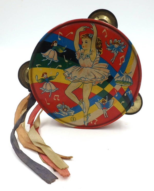 Vintage Japanese Tin Tambourine- Ballerina with Background of Dancing Fairies