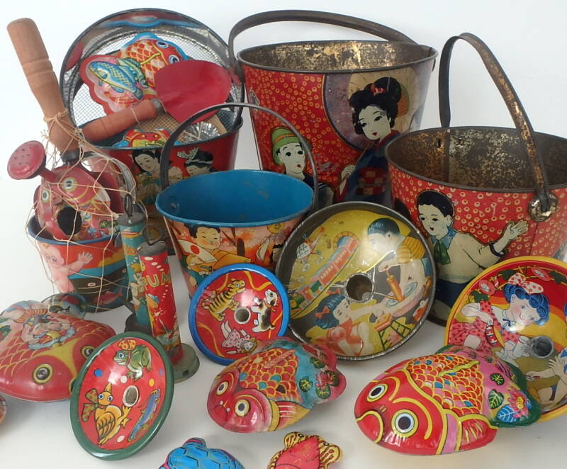 Vintage Japanese Sand Pails , Buckets, Funnels, Beach Toys