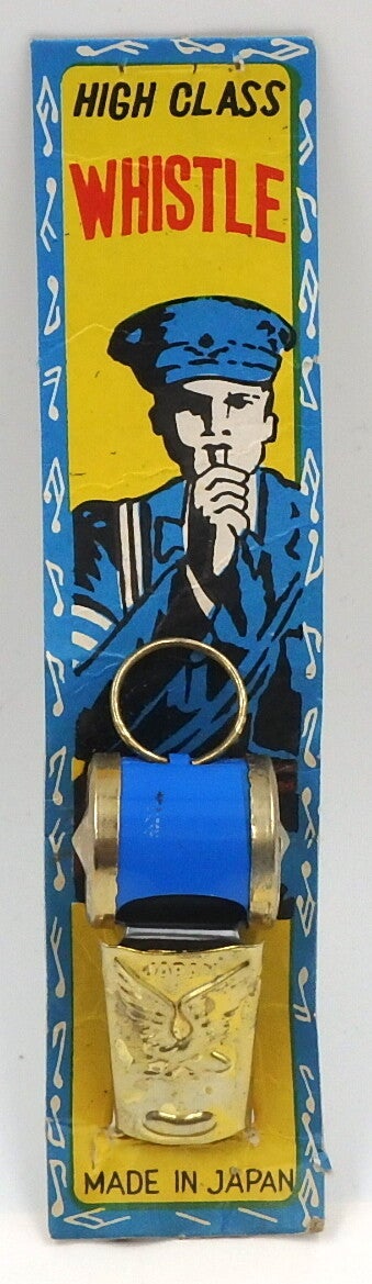 Vintage Japanese High Class Tin Police Barrel Whistle- on Original Card- Blue