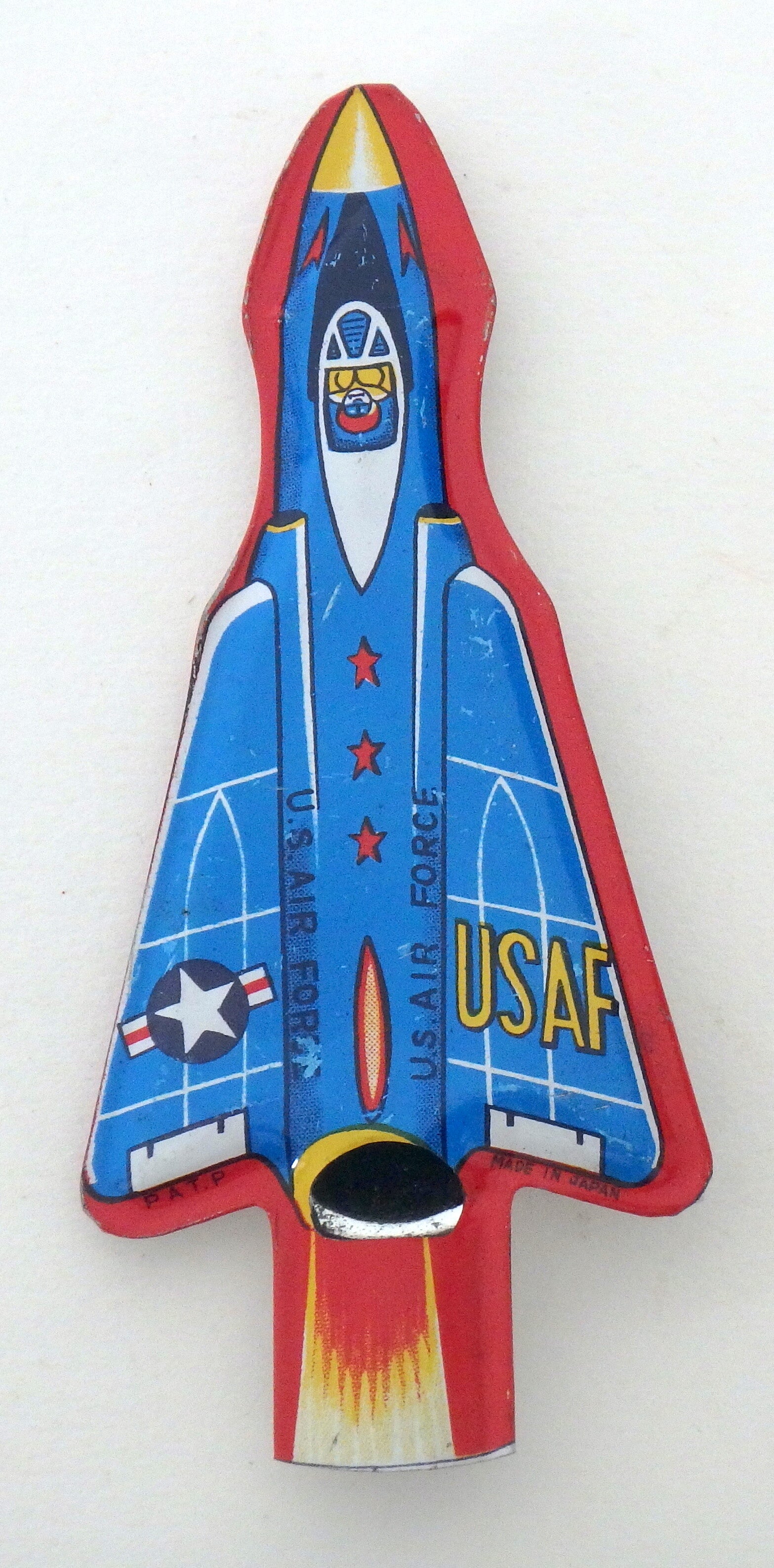 Vintage Japanese Tin Whistle- Blue USAF Rocket Plane
