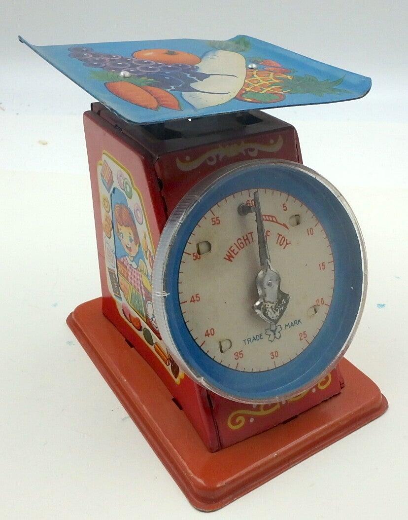Tin  Toy Kitchen Scale -Weight of Toy - Fabulous Colors, 1950's Vintage Japanese