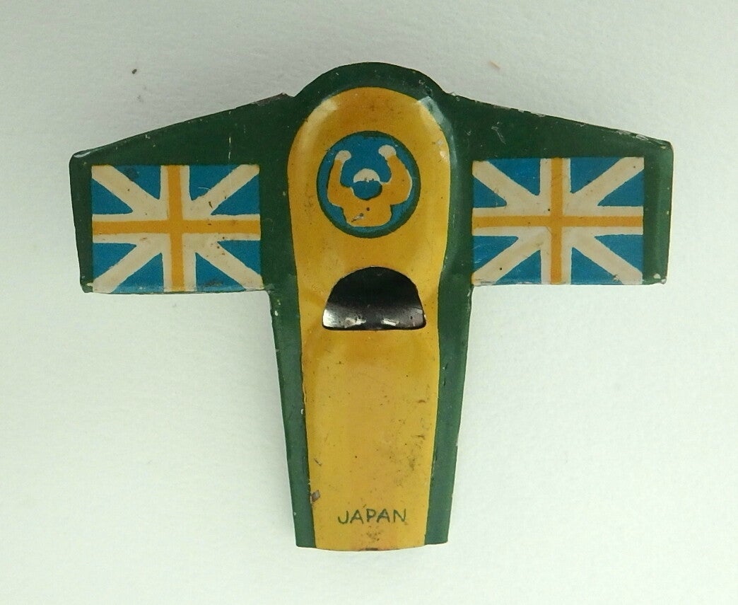 Small Early Japanese Tin Whistle-Pilot in Plane with British Flag on Wings