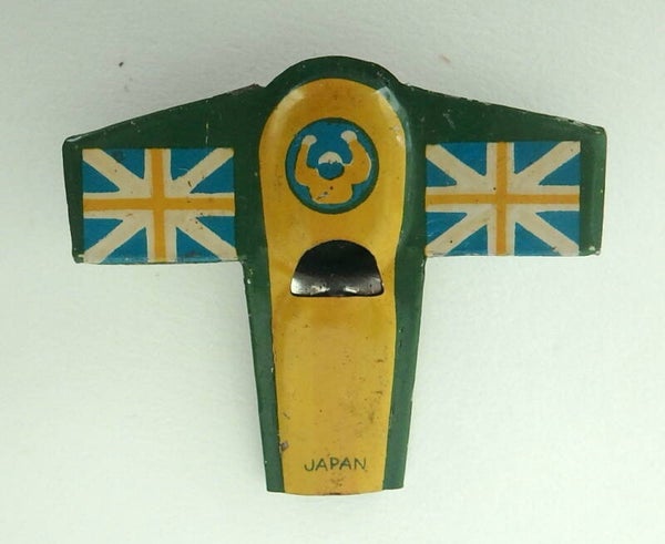 Small Early Japanese Tin Whistle-Pilot in Plane with British Flag on Wings