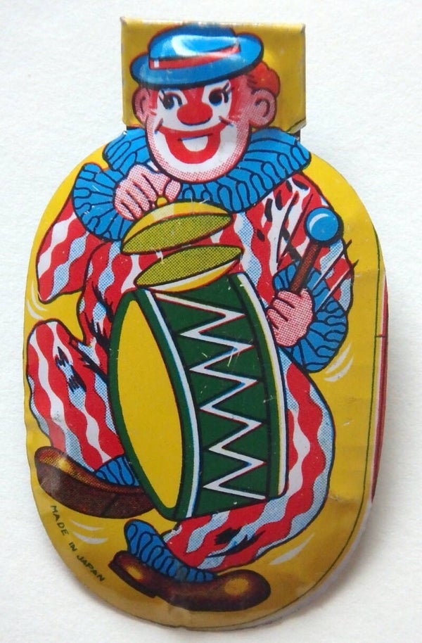 50's-60's Japanese Tin Clicker-Clown with Bass Drum