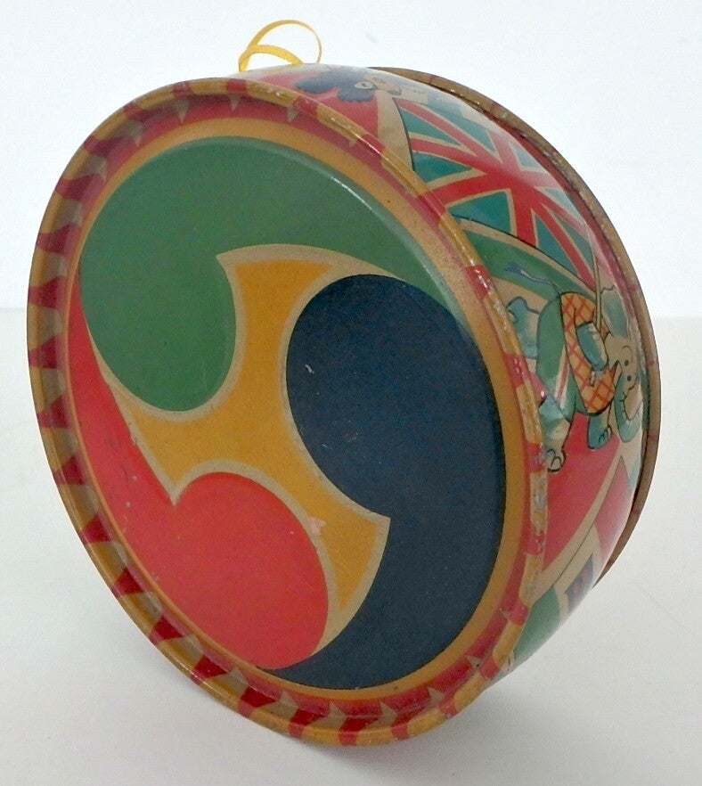 Vintage Japanese Tin Drum with Dressed Animals Marching with Flags