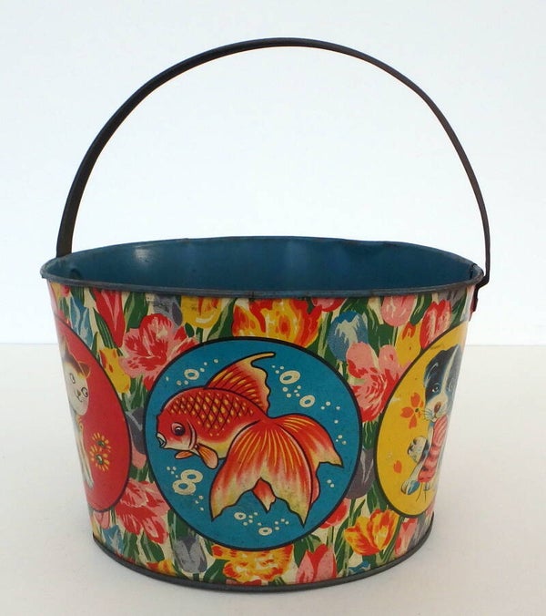 Large Size Early Post War Japanese Colorful Tin Beach Pail- Cat, Dog and, Fish