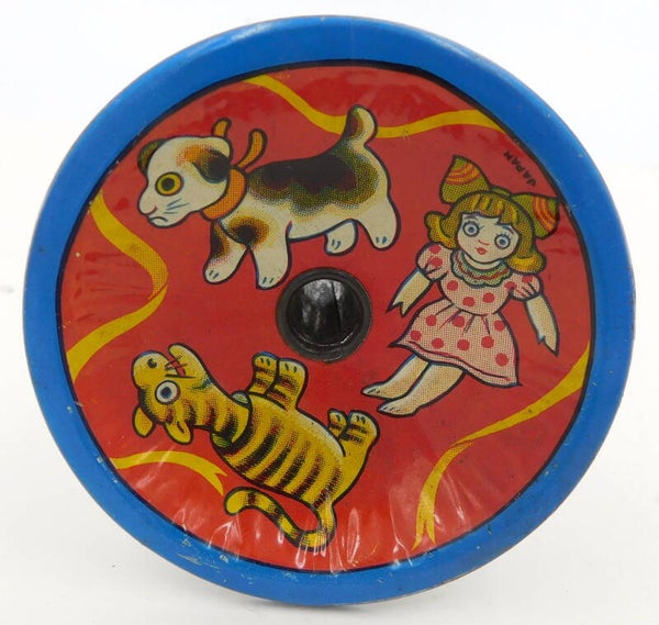 Vintage 1950's Japanese Small Tin Funnel- Doll, Tiger Cub Toy, Puppy
