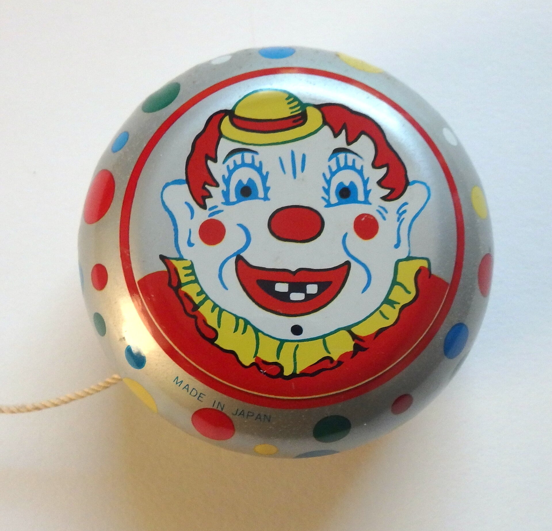 Colorful Vintage Tin Japanese Yo Yo, Double Sided Clown with Polka Dots