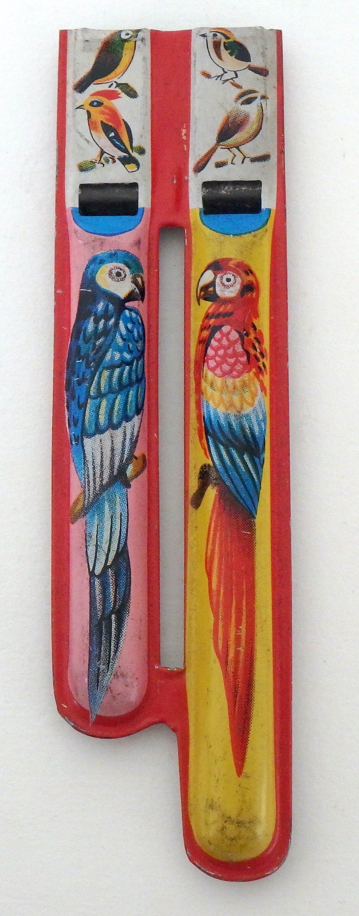 Vintage Japanese Tin Double Tube Whistle- Two Parrots and Small Birds