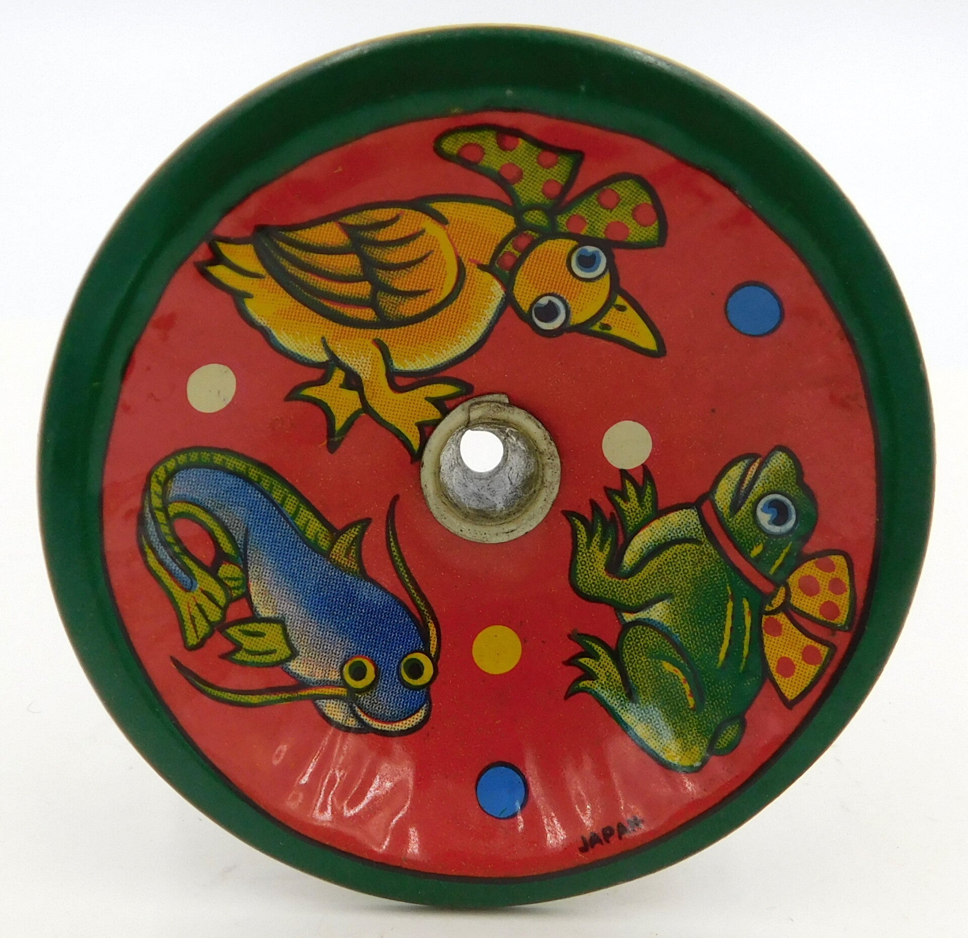 Vintage 1950's Tin Toy Funnel- Frog, Fish, Duck-Frog and Duck Wearing Bows