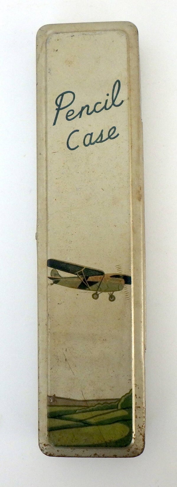 Vintage Japanese Tin Pencil Case -  Early Airplane Flying Over Fields